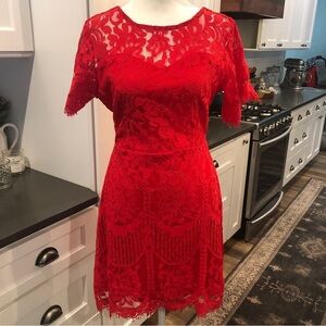 MSLG Women Red Lace Flutter Sleeve Cocktail Party Dress Sz M Knee Length Stretch